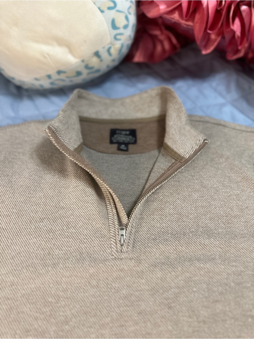 J. Crew Men's Light Beige Quarter-Zip Fleece Pullover- Size M